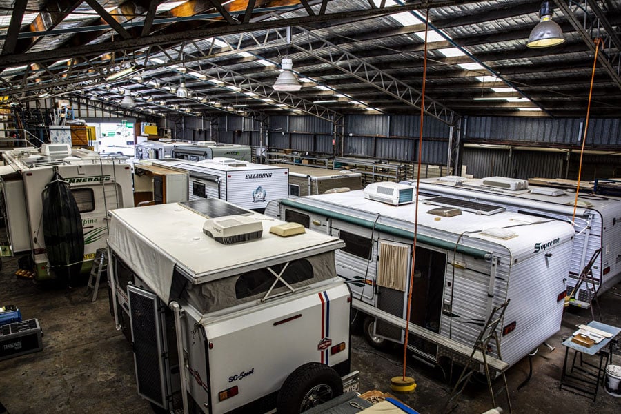 Busy caravan workshop: Several caravans parked for service or repairs